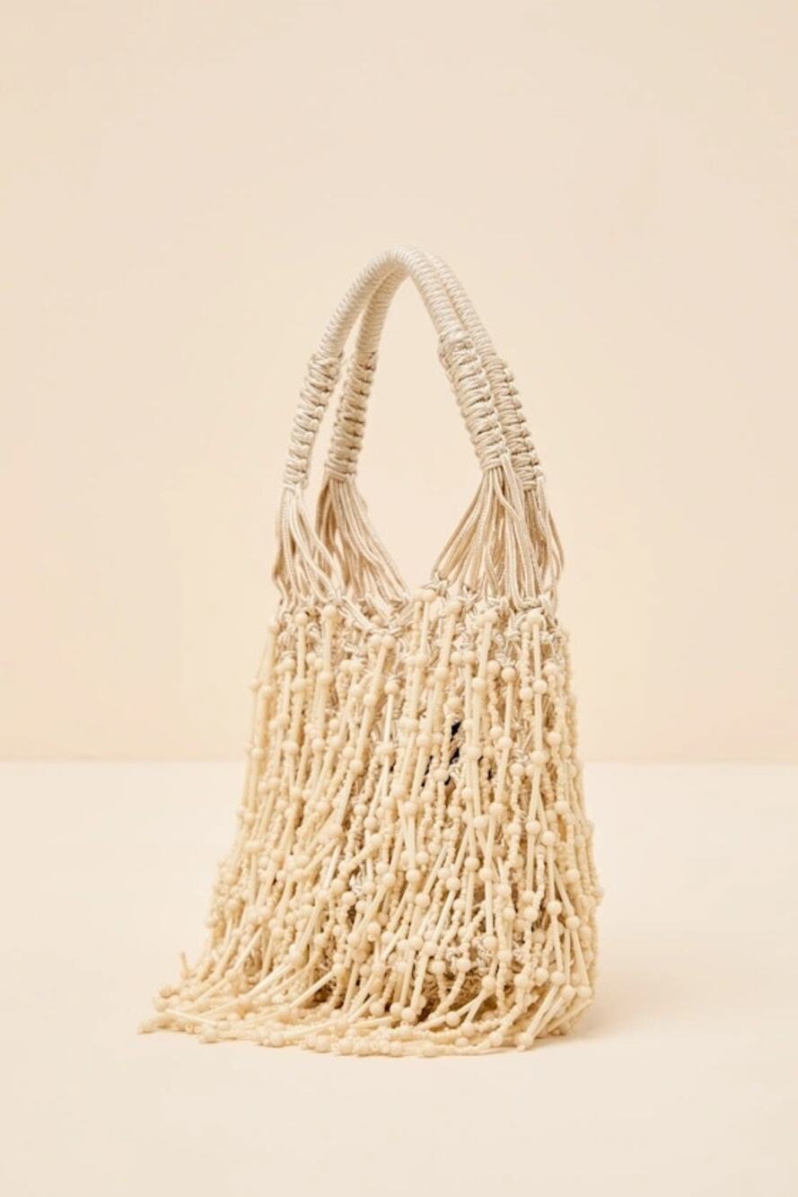 NWT Lulus Amalla Beige Woven Beaded Fringe Handbag